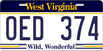 WV license plate OED374