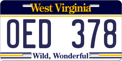 WV license plate OED378