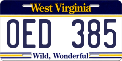 WV license plate OED385