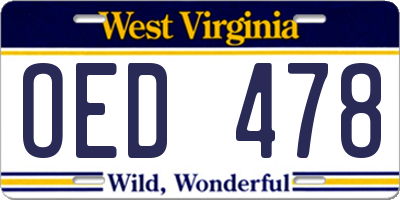 WV license plate OED478