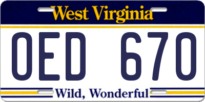 WV license plate OED670