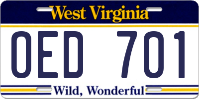 WV license plate OED701