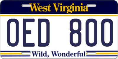WV license plate OED800