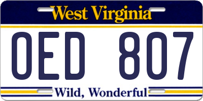 WV license plate OED807