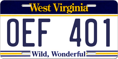 WV license plate OEF401