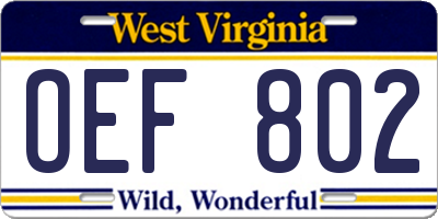 WV license plate OEF802