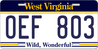 WV license plate OEF803