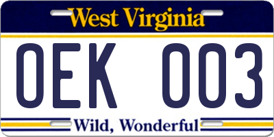 WV license plate OEK003