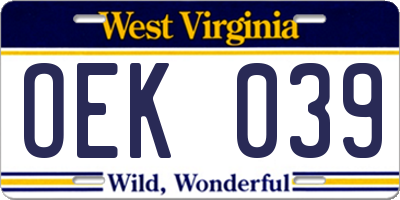 WV license plate OEK039