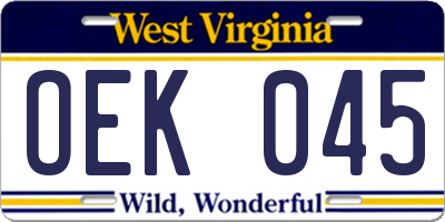 WV license plate OEK045