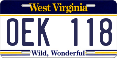 WV license plate OEK118