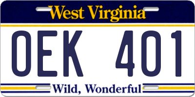 WV license plate OEK401