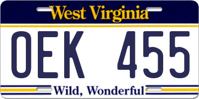 WV license plate OEK455