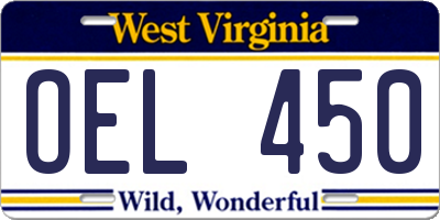 WV license plate OEL450