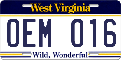 WV license plate OEM016
