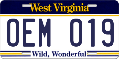 WV license plate OEM019