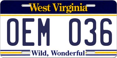 WV license plate OEM036