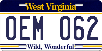 WV license plate OEM062