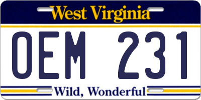 WV license plate OEM231