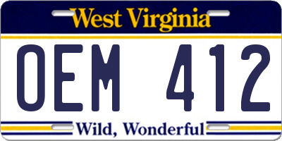 WV license plate OEM412