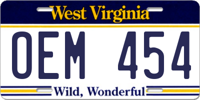 WV license plate OEM454