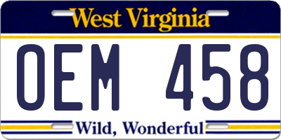 WV license plate OEM458