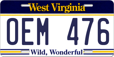 WV license plate OEM476