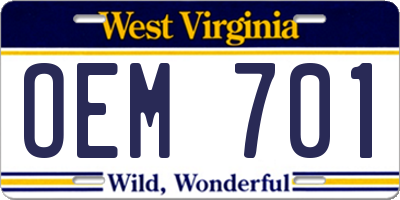 WV license plate OEM701