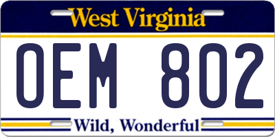 WV license plate OEM802