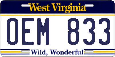 WV license plate OEM833