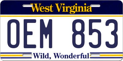 WV license plate OEM853
