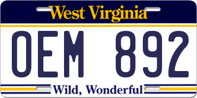 WV license plate OEM892