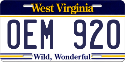 WV license plate OEM920