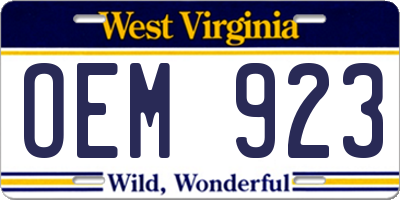 WV license plate OEM923
