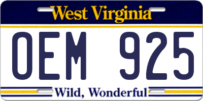 WV license plate OEM925