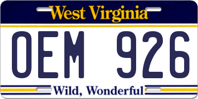WV license plate OEM926