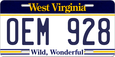 WV license plate OEM928