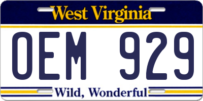 WV license plate OEM929