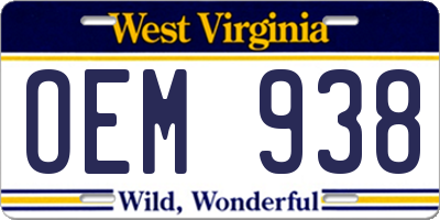 WV license plate OEM938
