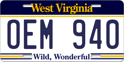 WV license plate OEM940