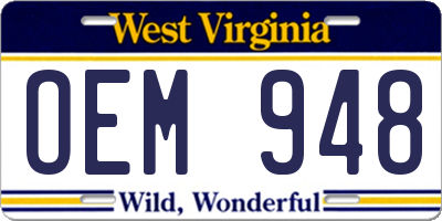 WV license plate OEM948