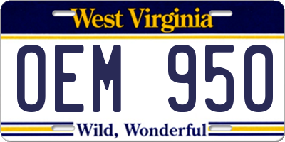 WV license plate OEM950
