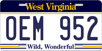 WV license plate OEM952