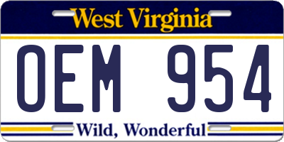 WV license plate OEM954