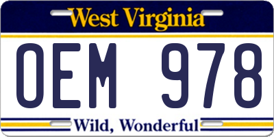 WV license plate OEM978