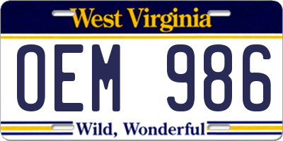 WV license plate OEM986
