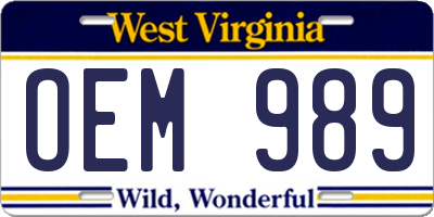 WV license plate OEM989