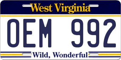 WV license plate OEM992