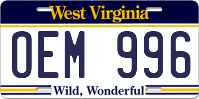 WV license plate OEM996