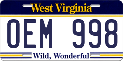 WV license plate OEM998